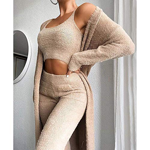 Tuta Da Donna Fuzzi 3 Pezzi Cardigan Aperto Sul Davanti Cappotto Morbido In Sherpa Giacca E Top Corto A Maniche Lunghe Pantaloni Larghi Set Pigiama Autunno Inverno