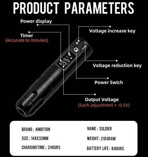 TXWZ Kit de rotulador inalámbrico para máquina de Tatuaje Motor alemán 1950 mAh Batería de Litio Carga rápida Silencio Baja vibración 9V / 12000RpmGold