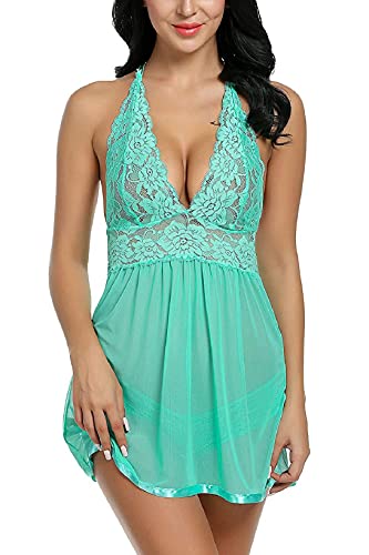 UMIPUBO Conjunto de Ropa de Dormir para Mujer, Frente Abierto, Encaje Floral, tentación, lencería de en V Profundo, camisón, Vestido sin Mangas, Ropa Interior Suave Babydoll (Verde Agua, XL)