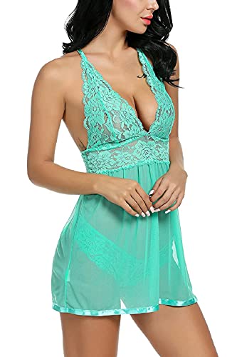 UMIPUBO Conjunto de Ropa de Dormir para Mujer, Frente Abierto, Encaje Floral, tentación, lencería de en V Profundo, camisón, Vestido sin Mangas, Ropa Interior Suave Babydoll (Verde Agua, XL)