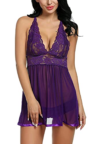 UMIPUBO Conjunto de Ropa de Dormir para Mujer, Frente Abierto, Encaje Floral, tentación, lencería de en V Profundo, camisón, Vestido sin Mangas, Ropa Interior Suave Babydoll (Púrpura, L)