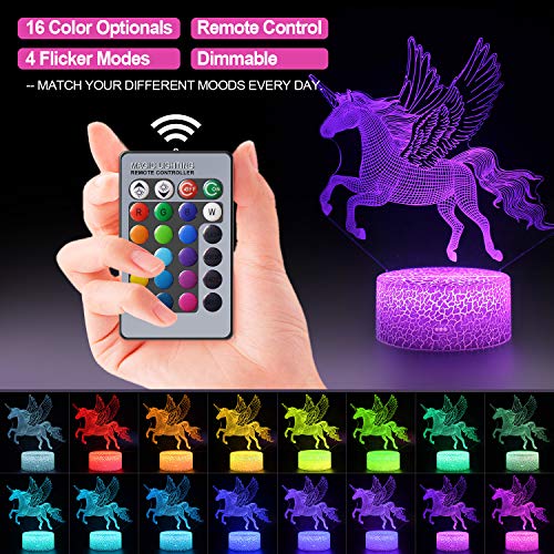 Unicornio 3D Luz Nocturna para Niños, LED Luces nocturnas Ilusión, 3D Lámpara de Luz 7 Colores Cambian con Control Remoto, Regalos para Niños Niñas y Adultos (unicornio2)