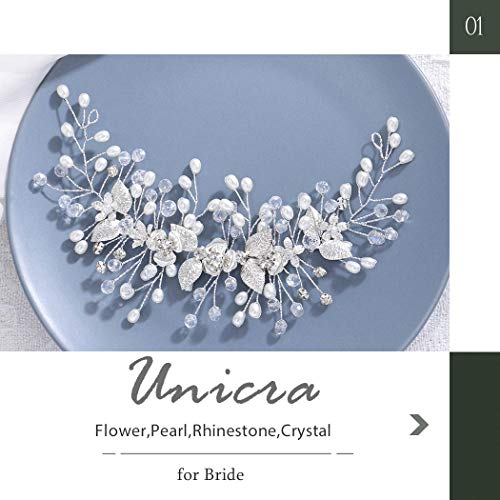 Unicra Novia boda pelo vid flor tocado perla Rhinestone accesorios para el cabello para mujeres y niñas (plata)