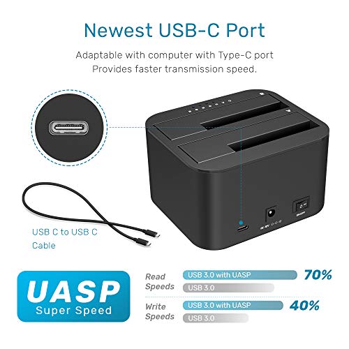 Unitek USB C to SATA I/II/III Mini estación de acoplamiento de doble bahía para discos duros SSD de 2,5/3,5 pulgadas, función de clonación sin conexión y 2 X 18TB con adaptador de corriente de 12V/3A