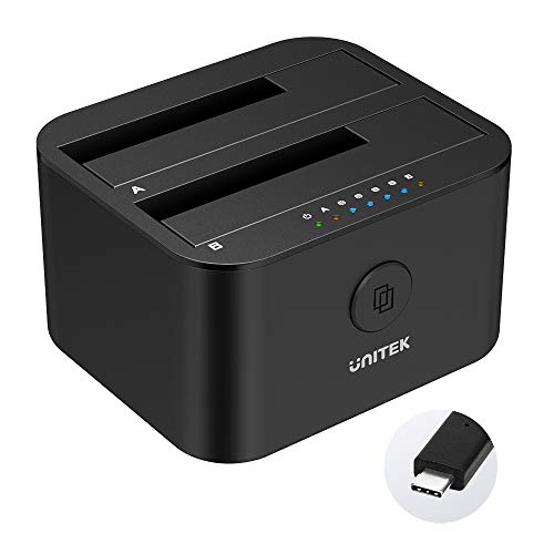 Unitek USB C to SATA I/II/III Mini estación de acoplamiento de doble bahía para discos duros SSD de 2,5/3,5 pulgadas, función de clonación sin conexión y 2 X 18TB con adaptador de corriente de 12V/3A