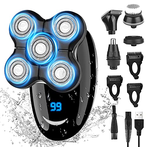 URAQT Afeitadora Eléctrica, 5 en 1 Afeitadora Rotativa para Hombres Impermeable, Afeitadora Barba Hombre en Seco y Húmedo, Maquinilla Afeitar Electrica Hombre con Recortador de Precisión, Negro