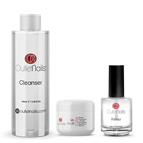 UV Gel Trifasico 3en1 15ml + Primer 15ml sin acido + Limpiador para uñas 100ml Cherry | Para uñas de gel de Outlet Nails