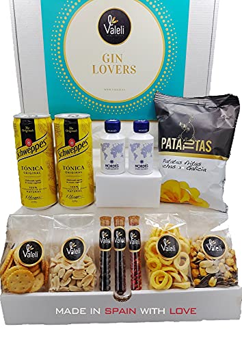 Valeli, Cesta Regalo original 2 Gin Nordés 5cl miniaturas, kit de botánicos para ginebra con 2 tónica Schweppes 33cl y aperitivo frutos secos y snacks. Regalo para él, ella, cumpleaños, padre, amigo