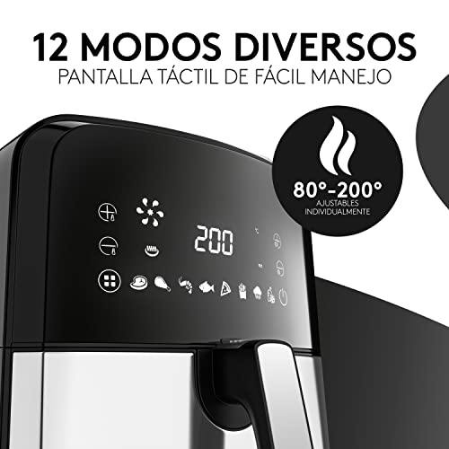 VANDENBERG Freidora de aire caliente - 5,5L - 12 programas - 1700W - Airfryer - Sin aceite&grasa - Cesta para pan&fritura - Revestimiento antiadherente, Pantalla táctil, Cool-Touch