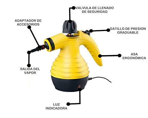 Vaporeta de Limpieza de Mano Portátil Potente y Multiusos para Quitar Manchas en Tapicería de Coche, Hogar, Cocinas, Alfombras, Cristales, Sofá | Vaporizador Limpiador a Vapor con 9 Accesorios