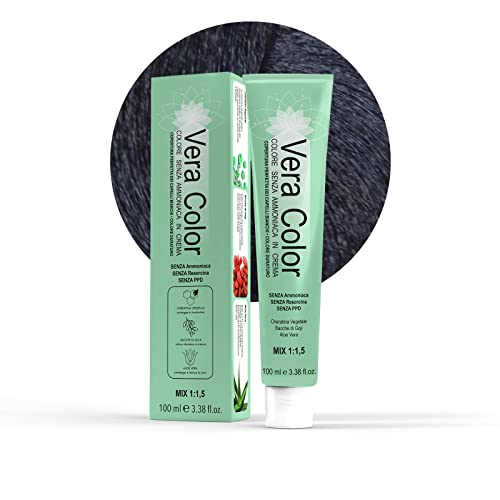 Vera Color, 1.1 Negro Azulado, Tinte Profesional Permanente, Crema de Coloración Tinte Pelo Mujer sin Amoníaco con Queratina Vegetal, Aloe Vera y Bayas de Goji, Cobertura Total de las Canas, 100 ml