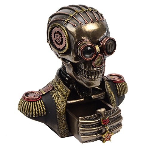 Veronese Diseño de 7.5 pulgadas de alto Steampunk Secret Esqueleto Banda Uniforme Busto con dos cajas ocultas Escultura de resina fundida en frío con acabado en bronce antiguo