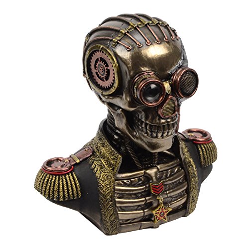 Veronese Diseño de 7.5 pulgadas de alto Steampunk Secret Esqueleto Banda Uniforme Busto con dos cajas ocultas Escultura de resina fundida en frío con acabado en bronce antiguo