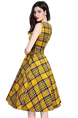 Vestidos Amarillo Plaid Años 50 Mujer Vestido de Cóctel Rockabilly Clásico Vestido a Cuadros de Verano Fiesta Casual con Bolsillos y Cinturón S