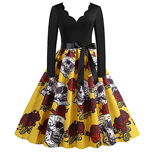 Vestidos de Halloween Manga Larga de Las Mujeres Años 50 Falda de Cuello Redondo Vintage Rockabilly Clásico de Impresión De La Vendimia Calabazas Cóctel Navidad Vestido Elegante de Fiesta(A03,3XL)