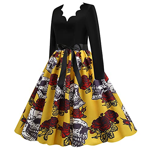 Vestidos de Halloween Manga Larga de Las Mujeres Años 50 Falda de Cuello Redondo Vintage Rockabilly Clásico de Impresión De La Vendimia Calabazas Cóctel Navidad Vestido Elegante de Fiesta(A03,3XL)