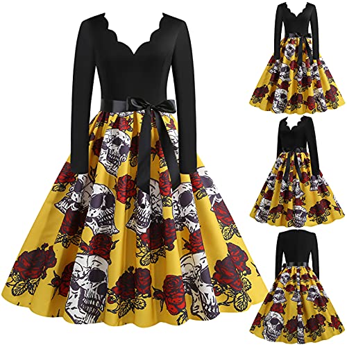 Vestidos de Halloween Manga Larga de Las Mujeres Años 50 Falda de Cuello Redondo Vintage Rockabilly Clásico de Impresión De La Vendimia Calabazas Cóctel Navidad Vestido Elegante de Fiesta(A03,3XL)