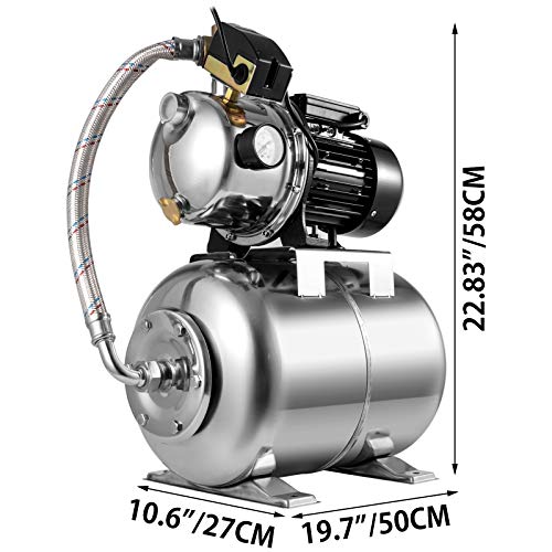 VEVOR Bomba de Chorro con Tanque 1200 W, Bomba de Agua Doméstica Caudal Máx. 4350 L/h, Central de Agua Doméstica con Tanque de Acero 22 L para Suministrar Agua Dulce a Grandes Casas, Granjas y Cabañas