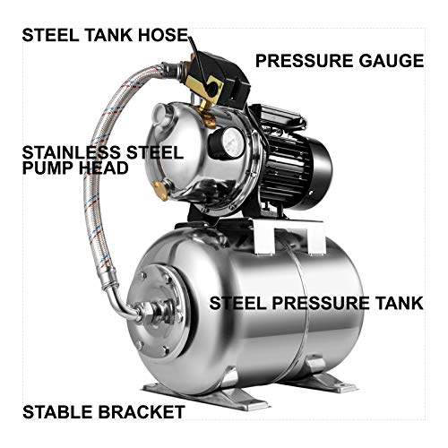 VEVOR Bomba de Chorro con Tanque 1200 W, Bomba de Agua Doméstica Caudal Máx. 4350 L/h, Central de Agua Doméstica con Tanque de Acero 22 L para Suministrar Agua Dulce a Grandes Casas, Granjas y Cabañas