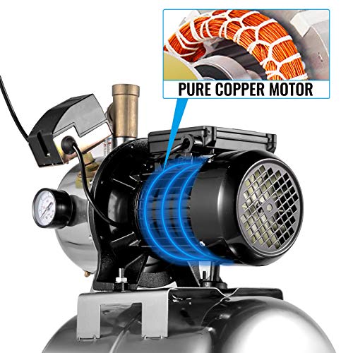 VEVOR Bomba de Chorro con Tanque 1200 W, Bomba de Agua Doméstica Caudal Máx. 4350 L/h, Central de Agua Doméstica con Tanque de Acero 22 L para Suministrar Agua Dulce a Grandes Casas, Granjas y Cabañas