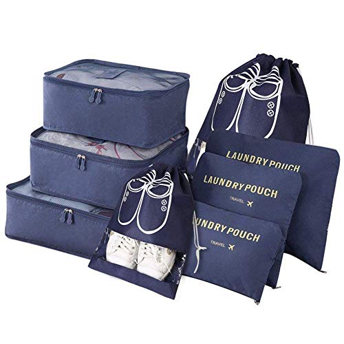 Vicloon Organizador de Equipaje,8 en 1 Set de Organizadores de Viajes, Impermeable Organizador de Maleta Bolsa Incluir 3 Cubos de Embalaje,3 Bolsos de la Compresión y 2 Bolsas de Zapatos (Azul Oscuro)