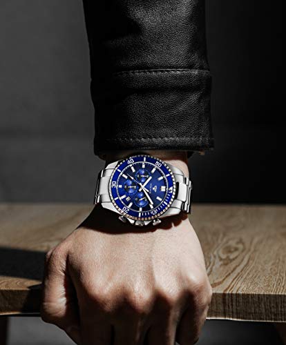 VICVS Relojes para Hombre Cronógrafo Reloj de Cuarzo analógico Resistente al Agua Reloj de Pulsera de Acero Inoxidable de diseñador para Hombre Relojes de Moda para Hombre (Azul)