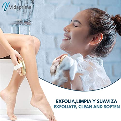 Vidaprime Cepillo Espalda Ducha Cabezal Intercambiable - Body Brush Bamboo Masajeador Anticelulítico - Cepillo Corporal Cerdas Naturales Baño - Cepillo Exfoliante Corporal (Piel Suave)