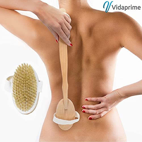 Vidaprime Cepillo Espalda Ducha Cabezal Intercambiable - Body Brush Bamboo Masajeador Anticelulítico - Cepillo Corporal Cerdas Naturales Baño - Cepillo Exfoliante Corporal (Piel Suave)