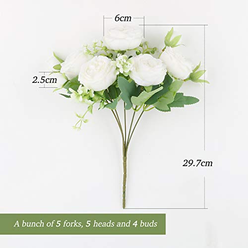 VINFUTUR 3 Ramos de Peonías Artificiales Decorativas Flores Artificiales Peonías Falsas Blancas con Verdes para Decoración Jarrón Boda Fiesta Mesa Hogar Regalos Manualidad DIY