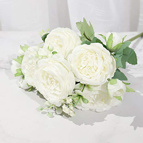 VINFUTUR 3 Ramos de Peonías Artificiales Decorativas Flores Artificiales Peonías Falsas Blancas con Verdes para Decoración Jarrón Boda Fiesta Mesa Hogar Regalos Manualidad DIY