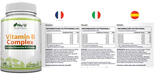 Vitamina B Complex | 180 Comprimidos (Suministro para 6 meses) | Contiene Ocho Vitaminas del grupo B por Comprimido: B1, B2, B3, B5, B6, B12, D-Biotina y Ácido Fólico | Complejo Vitamina B