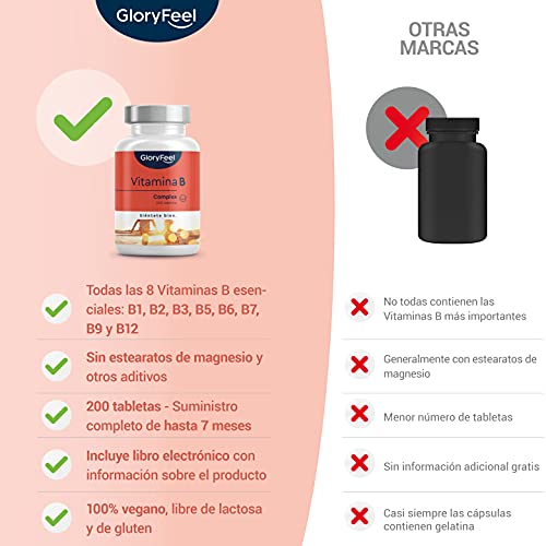 Vitamina B Complex - 200 Tabletas veganas (Suministro para 6+ meses) - Dosis altas de B1 B2 B3 B5 B6 B7 (biotina) B9 (acido folico) y B12 - Solo 1 al día - Contra el agotamiento mental y el estrés