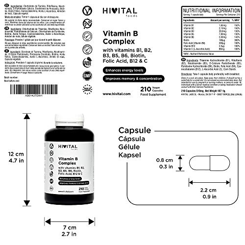 Vitamina B Complex | 210 cápsulas veganas para 7 meses | Complejo Vitaminas B con B1, B2, B3, B5, B6, B12, Biotina y Ácido Fólico | Aumenta el nivel de energía y mejora la concentración y la memoria