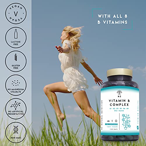 Vitamina B Complex. Complejo Vitamina B12, B9 (acido folico) B7 Biotina, B6 B5, B3, B2, B1 e Inositol. Vitaminas para el cansancio, energía y concentración. 150 cápsulas.Vegano.CE N2 Natural Nutrition