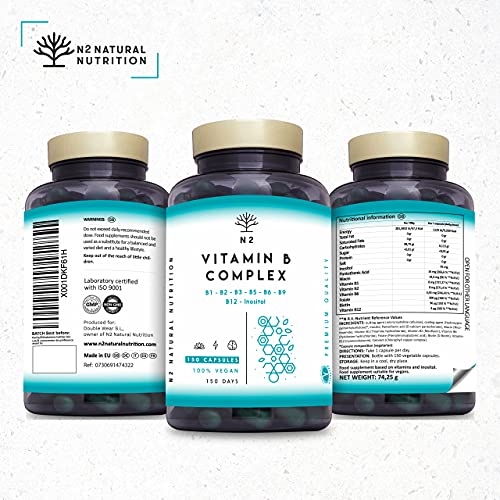 Vitamina B Complex. Complejo Vitamina B12, B9 (acido folico) B7 Biotina, B6 B5, B3, B2, B1 e Inositol. Vitaminas para el cansancio, energía y concentración. 150 cápsulas.Vegano.CE N2 Natural Nutrition