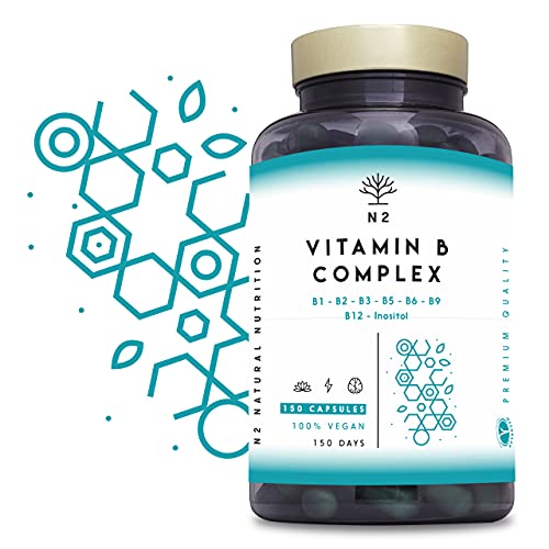 Vitamina B Complex. Complejo Vitamina B12, B9 (acido folico) B7 Biotina, B6 B5, B3, B2, B1 e Inositol. Vitaminas para el cansancio, energía y concentración. 150 cápsulas.Vegano.CE N2 Natural Nutrition