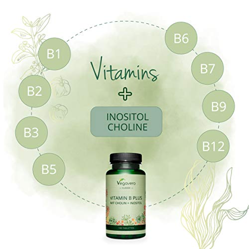 Vitamina B Complex Vegavero® | Sin Aditivos Artificiales | Con Colina e Inositol | B2 + B5 + Niacina + Piridoxina + Ácido Fólico + B12 | Vitaminas Para el Cansancio* | 180 Comprimidos