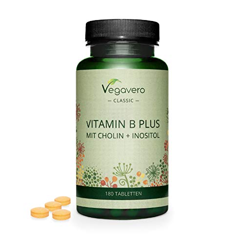 Vitamina B Complex Vegavero® | Sin Aditivos Artificiales | Con Colina e Inositol | B2 + B5 + Niacina + Piridoxina + Ácido Fólico + B12 | Vitaminas Para el Cansancio* | 180 Comprimidos