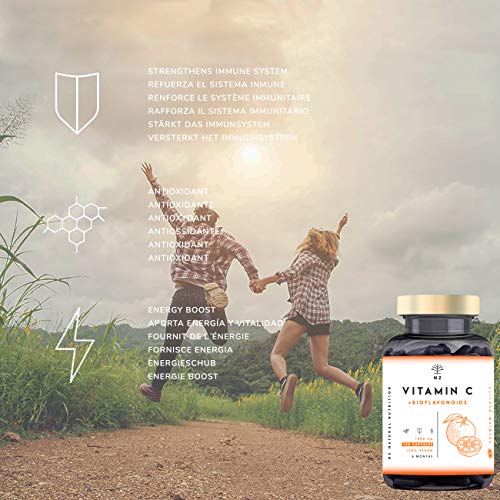 Vitamina C 1000mg + Bioflavonoides - Vit C Pura Natural Reduce el Cansancio y la Fatiga , Contribuye al Funcionamiento del Sistema Inmunológico - Vegano 180 Cápsulas N2 Natural Nutrition