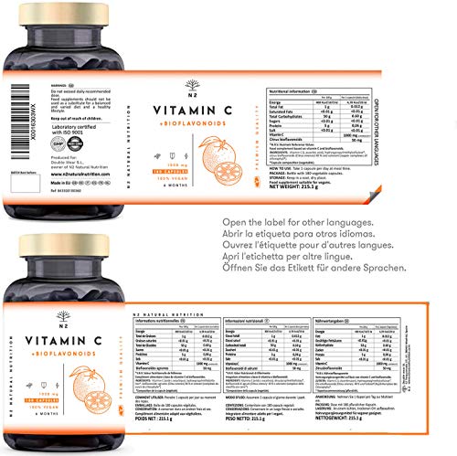 Vitamina C 1000mg + Bioflavonoides - Vit C Pura Natural Reduce el Cansancio y la Fatiga , Contribuye al Funcionamiento del Sistema Inmunológico - Vegano 180 Cápsulas N2 Natural Nutrition