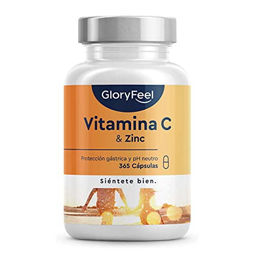 Vitamina C 1000mg + Zinc - 365 Cápsulas Veganas - Apoya el sistema inmunológico y reducen la fatiga - Vitamina C Tamponada con Protección gástrica y pH neutro - Sin aditivos