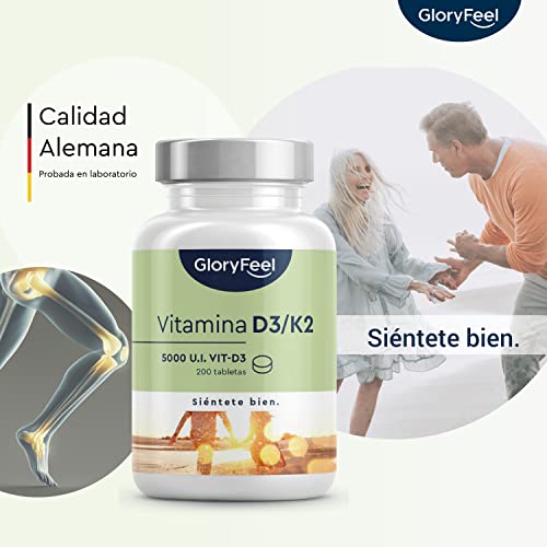 Vitamina D3 5.000 UI + Vitamina K2 MK-7 200µg - 200 Tabletas - Premium: 99,7+% All Trans MK7 (K2VITAL® de Kappa) - Apoya la absorción del calcio, huesos, articulaciones y sistema arterial…