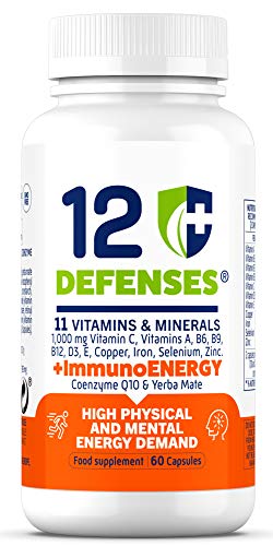 Vitaminas para el Cansancio con Coenzima Q10 y Yerba Mate - Multivitamínico para la Energía Física y la Concentración, con Vitamina C, A, D, B6, B9, B12, E - 60 Cápsulas Vegetarianas - 12 Defenses