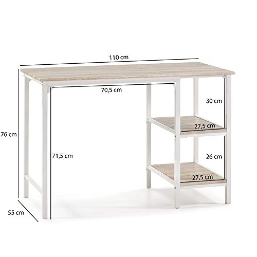 VS Venta-stock Mesa de Escritorio Colón Blanco, Mesa de Ordenador, 2 estantes, Estilo Industrial, 110 (Largo) x 55 (Profundo) x 76 (Altura) cm