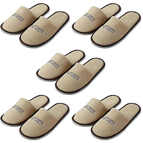 Wakerda 5 pares de zapatillas unisex de hotel con puntera cerrada, zapatillas de salón de spa, zapatos de huéspedes, zapatos de algodón antideslizantes para hotel, casa, fiesta, color beige