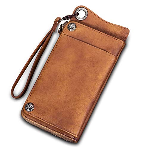 WALLPU Cartera Hecha A Mano para Hombre,Billetera De Cuero De Gamuza para Hombres Billetera Larga con Cremallera Simple para Hombres,Darkbrown