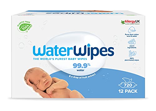 WaterWipes Toallitas de bebé (12 x 60 unidades), las toallitas húmedas más puras para pieles suaves de bebés, toallitas limpiadoras compostables 100% de origen vegetal – 720 toallitas