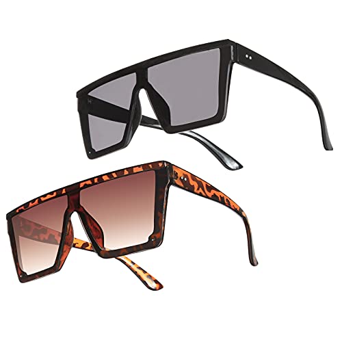 Weinsamkeit 2 Pares Gafas de Sol Cuadradas de Moda UV400, Gafas de Sol Grandes Planas de Gran Tamaño para Mujeres Hombres