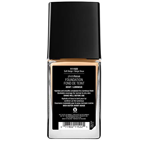 Wet n Wild - Photo Focus Foundation DEWY - Base Ligera, Hidratante y Supernutritiva para Pieles Normales y Secas - Atenúa las Imperfecciones y Minimiza los Poros - Vegano - Soft Beige - 1 Unidad