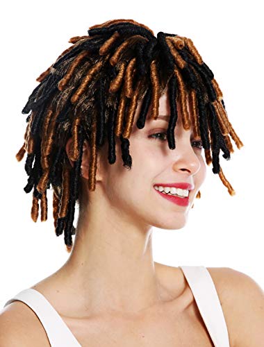 WIG ME UP - DH1110 Peluca Mujer Hombre Carnaval rizos espirales Afro Pelo Corto voluminoso Caribe Rasta Dreads Color Negro mechas castañas